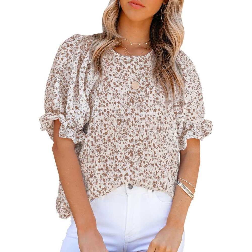 Women Brown Print Blouse Crewneck Smocked Puff Sleeve Shirts Casual Babydoll Top